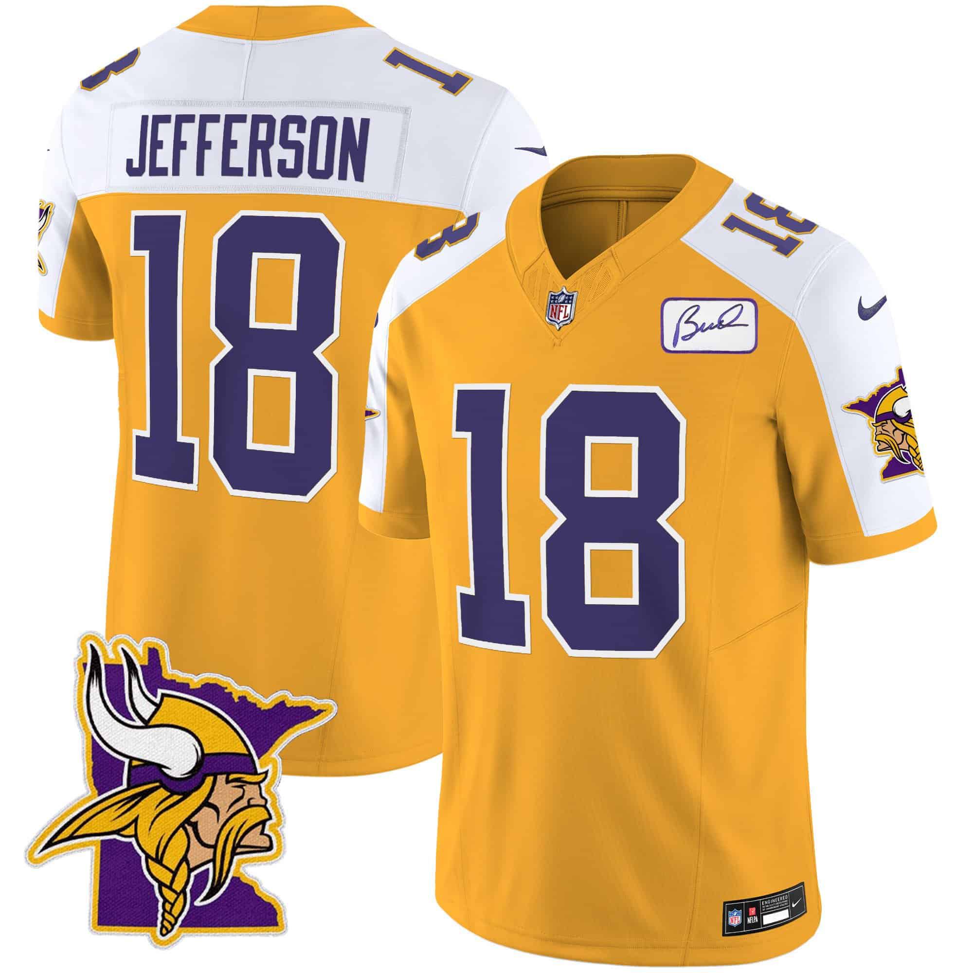 Men Minnesota Vikings #18 Jefferson Yellow 2024 Nike Patch Classic Limited NFL Jersey